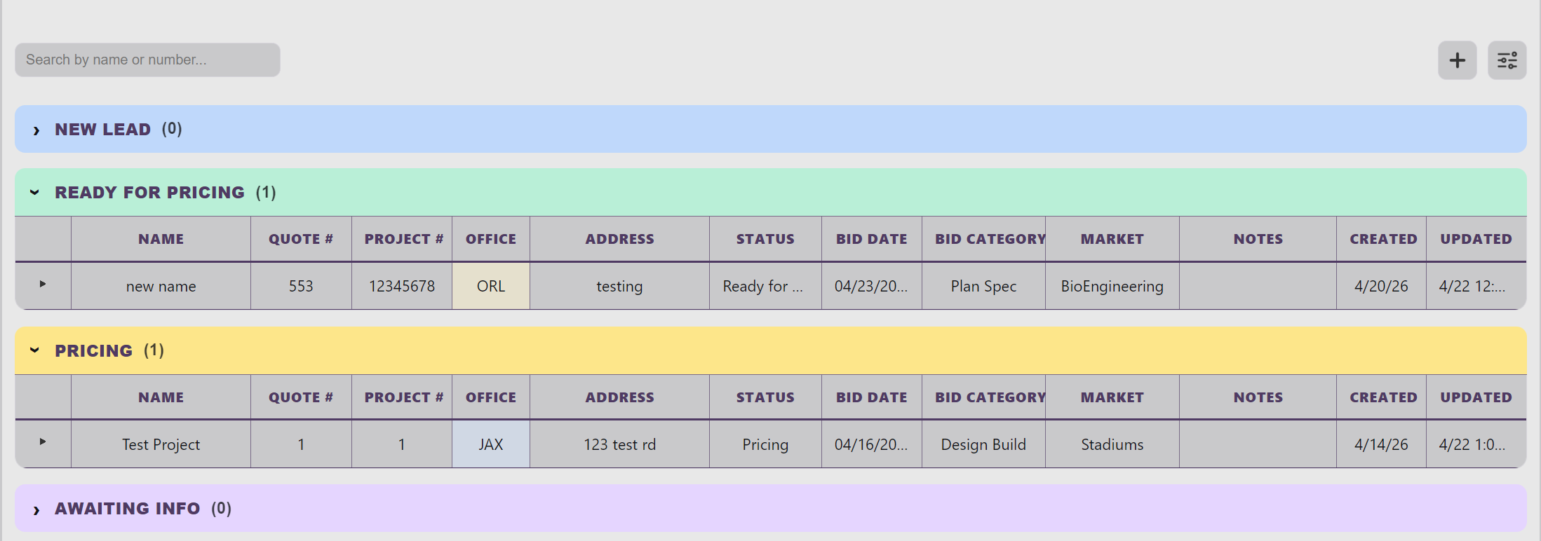 Project and estimate view