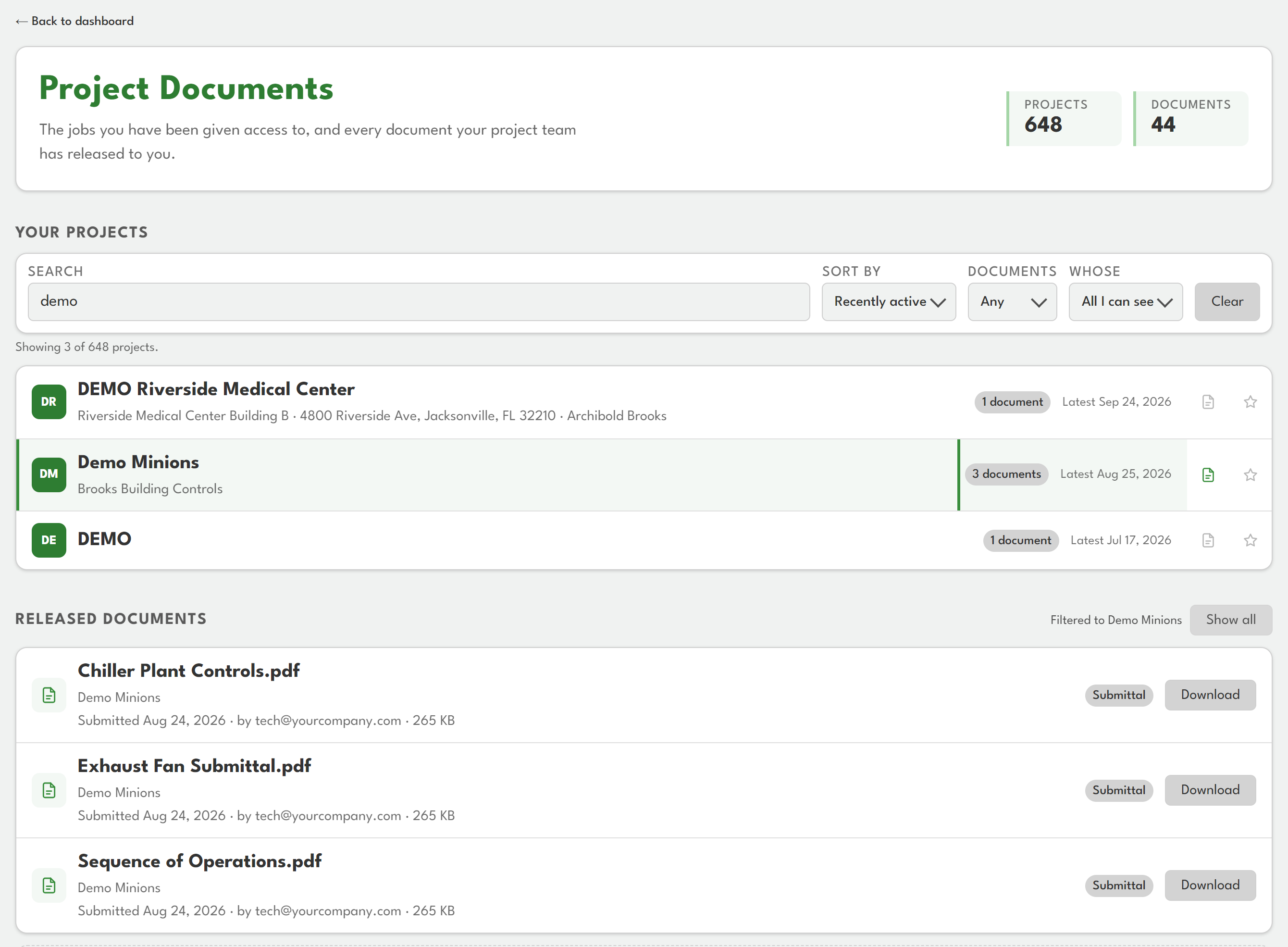 Project Documents listing a job's approved submittals